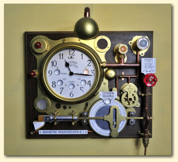 Steampunk clock with weather displays and a mechanical flute