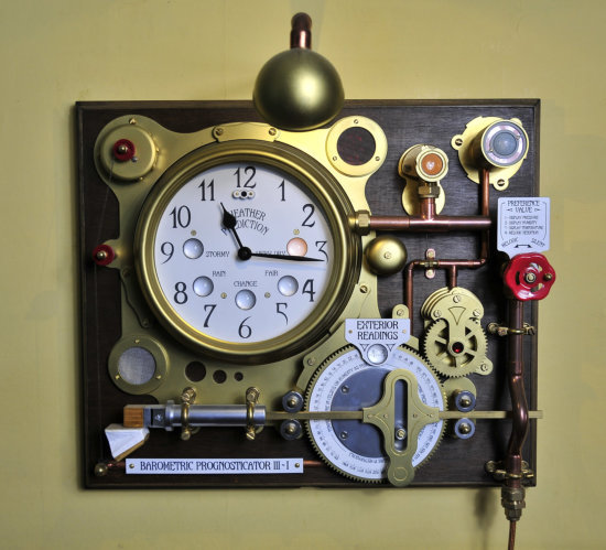 Steampunk clock with weather displays and a mechanical flute