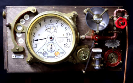 The finished Time Zone clock, with flickering flame alarm, flute alarm and dog poop bag iris.